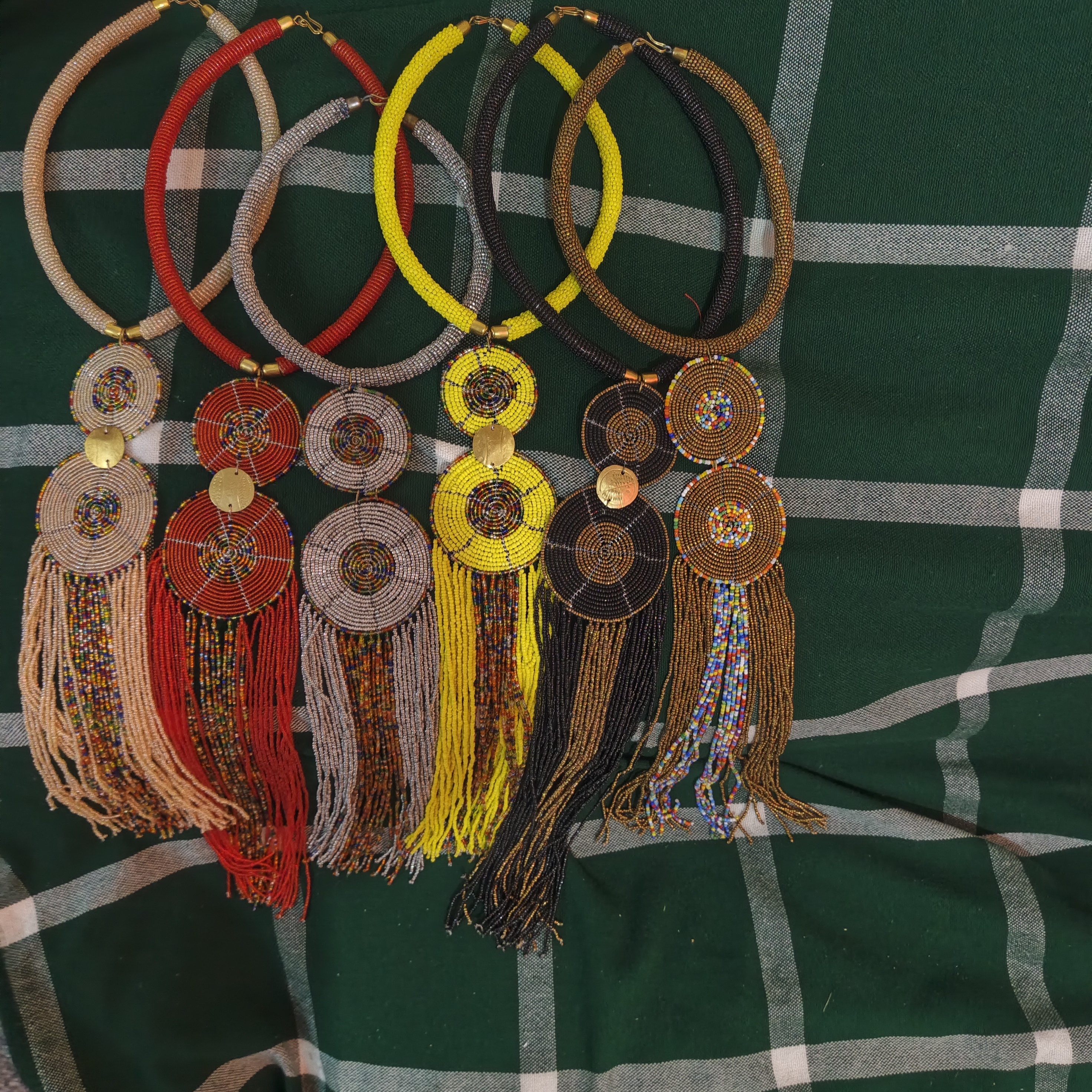 Multicolor Beaded Double Medallion Fringe Necklaces