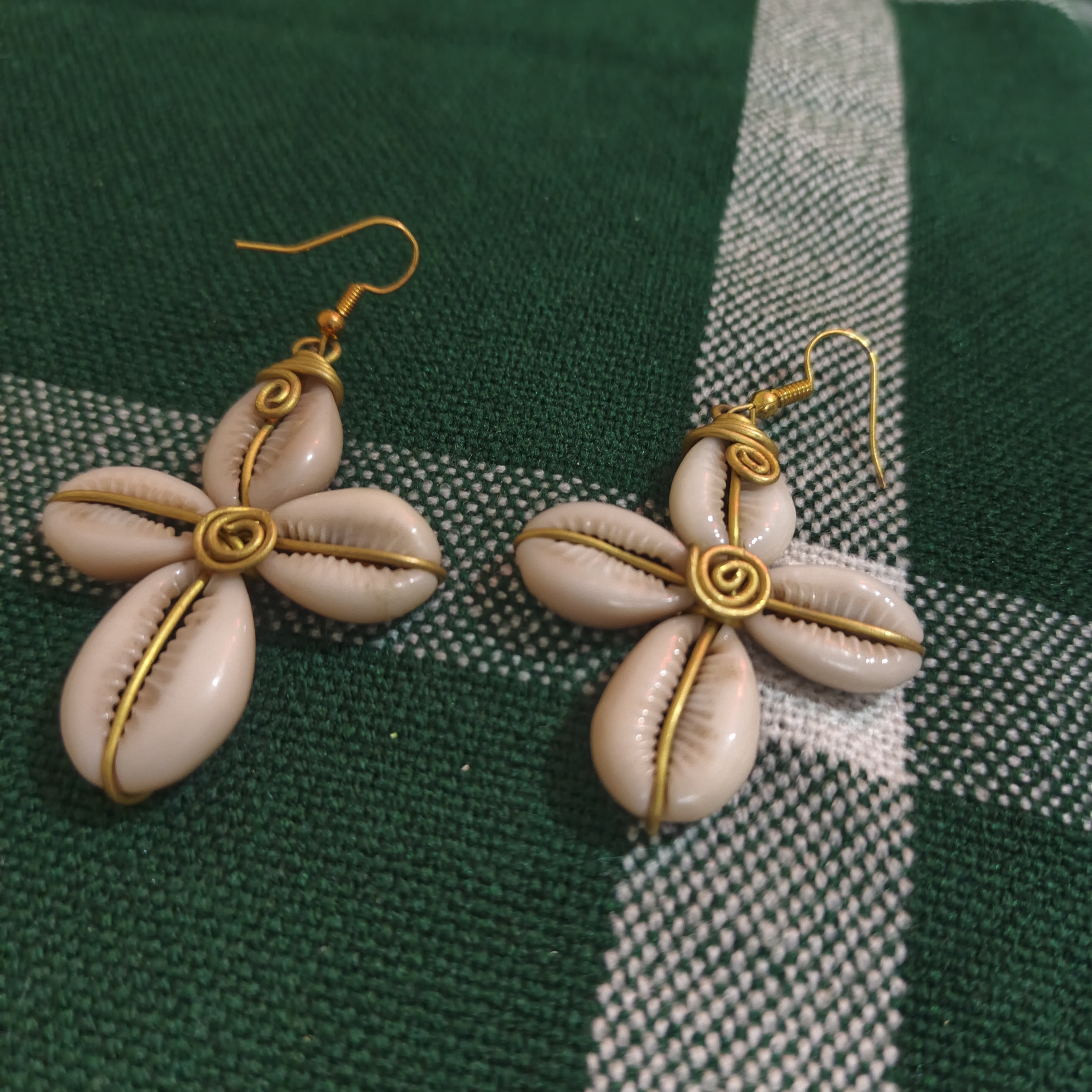 Wire-Wrapped Cowrie Shell Cross Earrings