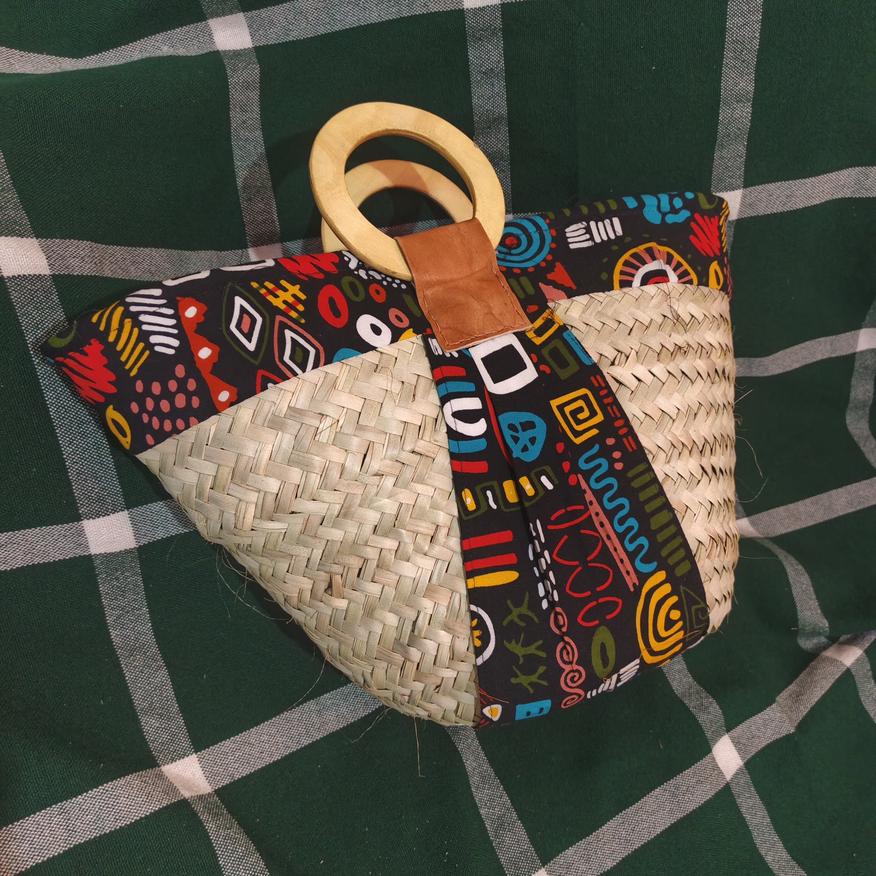 Woven Straw Tote Bag with African Print Trim and Wooden Handles