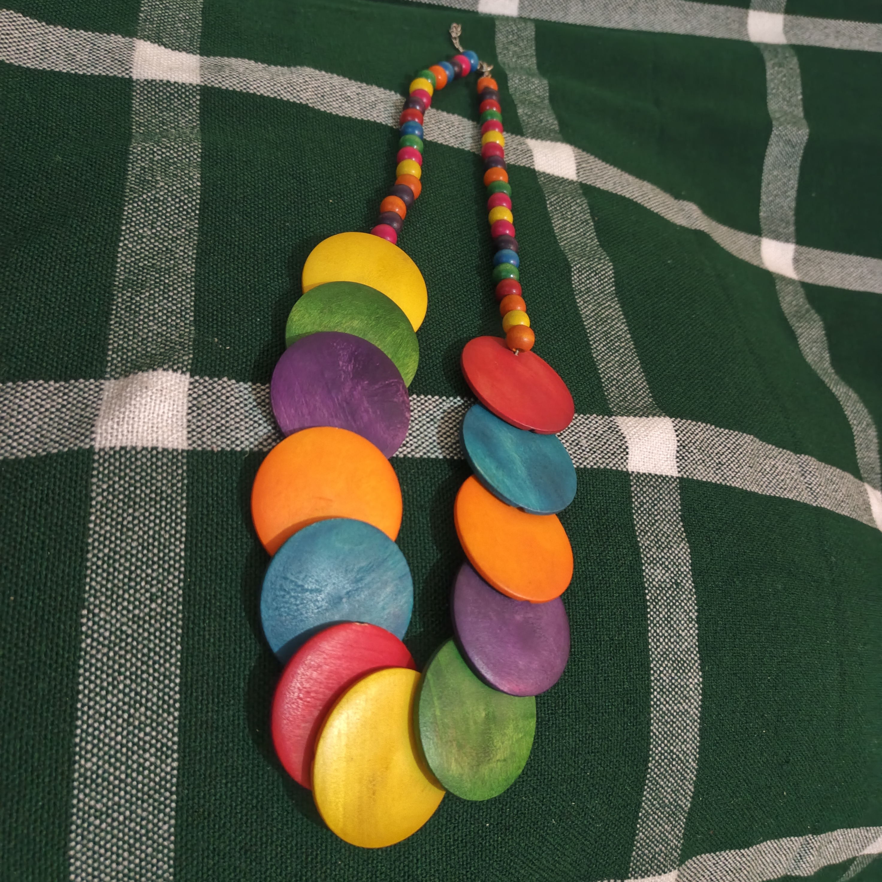 Multicolor Flat Wooden Disc and Bead Necklace